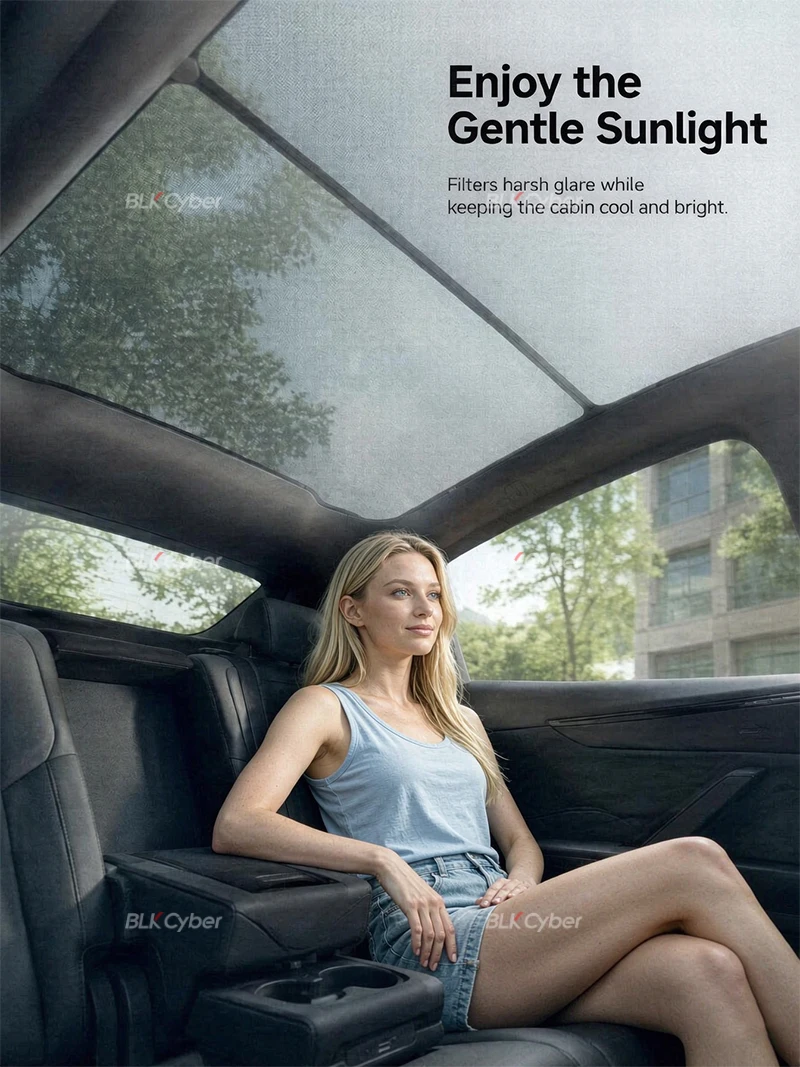 Für Tesla Model 3/Y/YL Highland Juniper Glasdach-Netz-Sonnenschutz, solarbetriebene Abdeckung, lichtdurchlässiger, lichtfilternder Schirm, UV-Wärmereduzierung, Clip-On – Detail 3