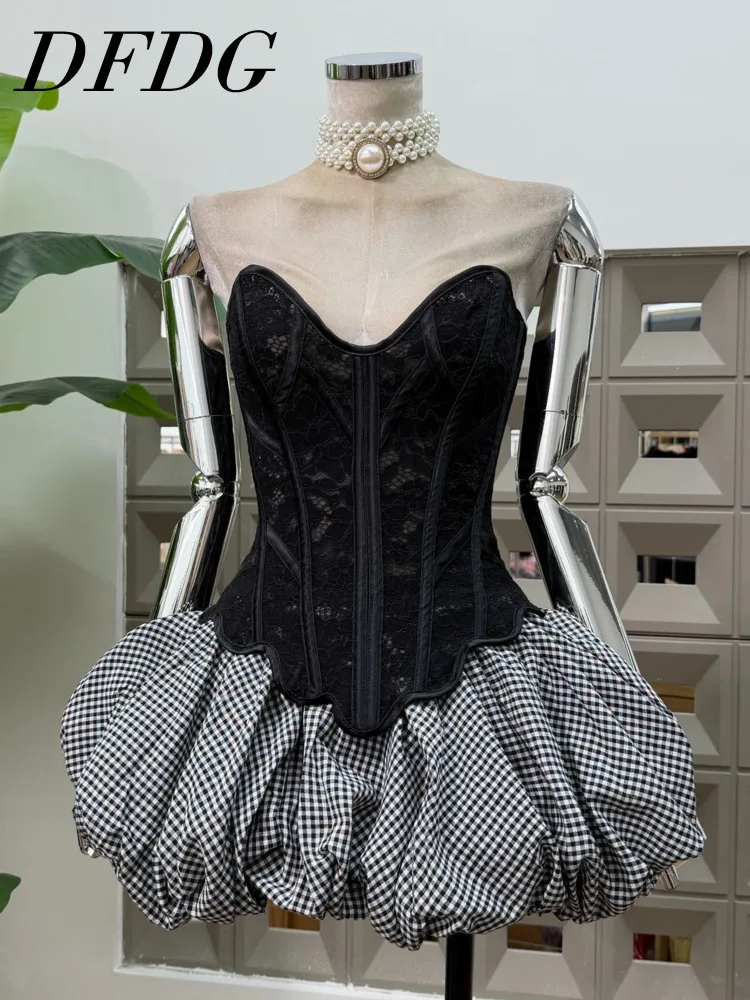 

DFDG Women's Spring Summer Strapless Lace Corset Gingham Puff Ball Skirt Set Elegant Formal 2026 Trendy Feminine Fashion Set