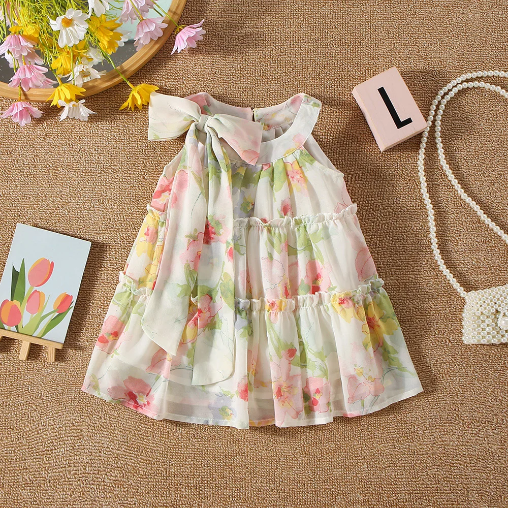 Summer New Baby Girls Dress Neckline Bow Ribbon Hand-Painted Style Flower Pattern Light Summer Holiday Style (0-3 Years Old)