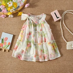 Summer New Baby Girls Dress Neckline Bow Ribbon Hand-Painted Style Flower Pattern Light Summer Holiday Style (0-3 Years Old)