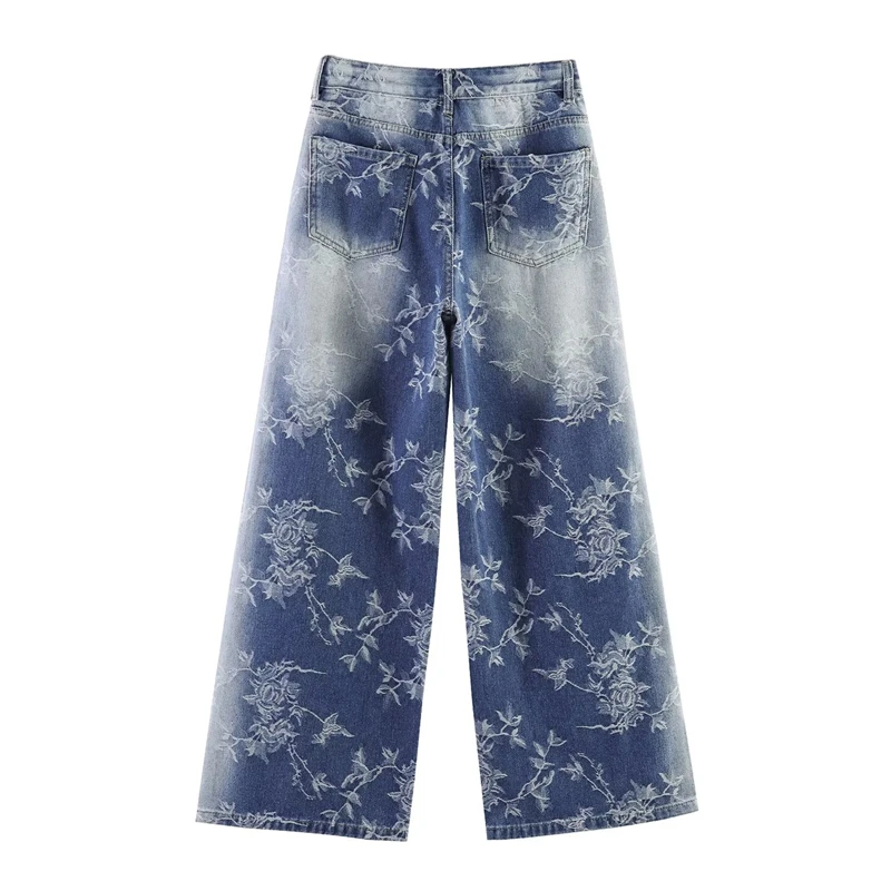 KEYANKETIAN Streetwear Chic Gradient Denim Wide Jeans Relaxed Fit High Rise, All Over Floral Print Sparkle Splash Detail Pants