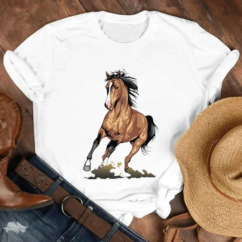 2024 Cartoon Running horse Pattern Womens Tshirt Fashion O-Neck Female T-shirts Basic White T Shirts Summer Top Lady Tee shirt