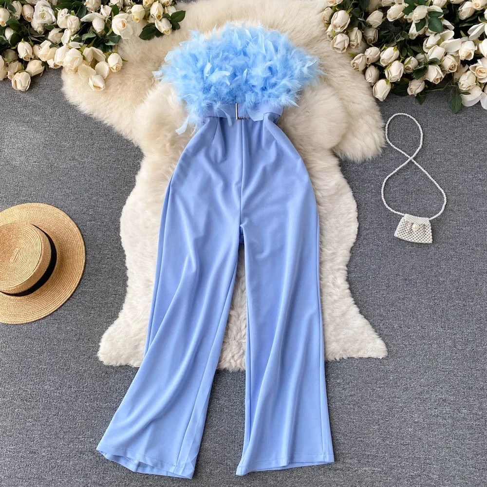 High-end Designer Clothing Feather Brassiere Jumpsuit Women Summer New Loose Wide Leg Straight Trousers Plus Size