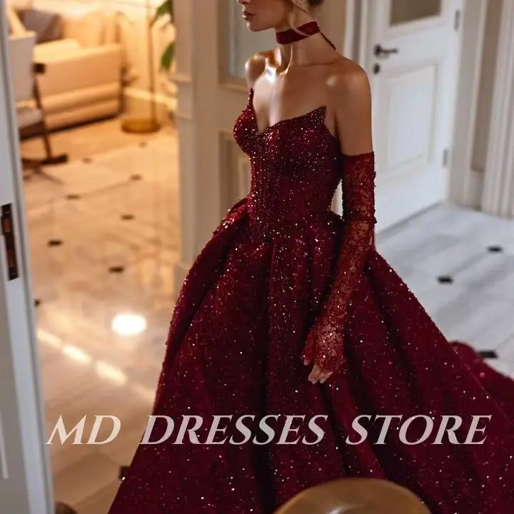 

MD Luxury Red A-line shinny Evening Gown princess Sweetheart Collar Sequined Side High Slit Special occasion Dress customised