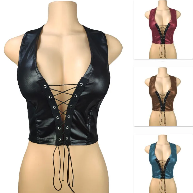 

PU Imitation Leather Tank Top Deep V Neck Cross Bandage Hollow Out Halter Crop Tops Women Bare Midriff Tube Top Cropped Vest