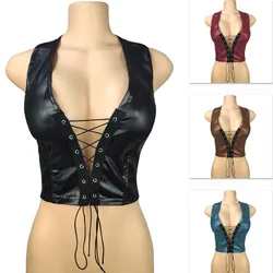 PU Imitation Leather Tank Top Deep V Neck Cross Bandage Hollow Out Halter Crop Tops Women Bare Midriff Tube Top Cropped Vest