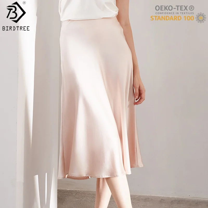 

Birdtree,OEKO-TEX,19MM 90% Real Silk 10% Spandex Skirt,Woman Stretch Satin Elastic Waist Solid Elegant Skirts,2026 New D61223JF