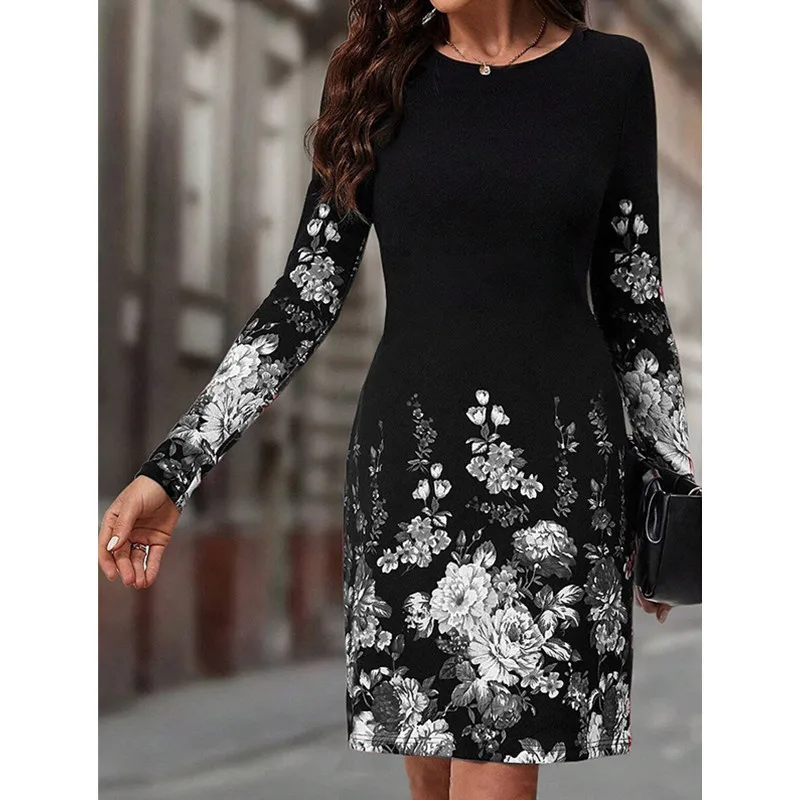 

Print Sexy Dresses Autumn New Women Streetwear Fashion Long Sleeves O-neck Casual Slim Dresses Club Party Lady A-Line Dress 2024