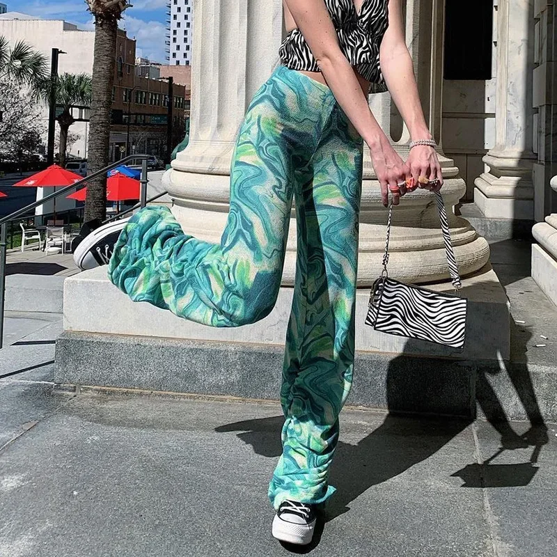 

Y2k High Waist Baggy Trousers Aesthetics Casual Fashion Tie Dye Ripple Print Ruched Green Stacked Pants 2024 Women Streetwear