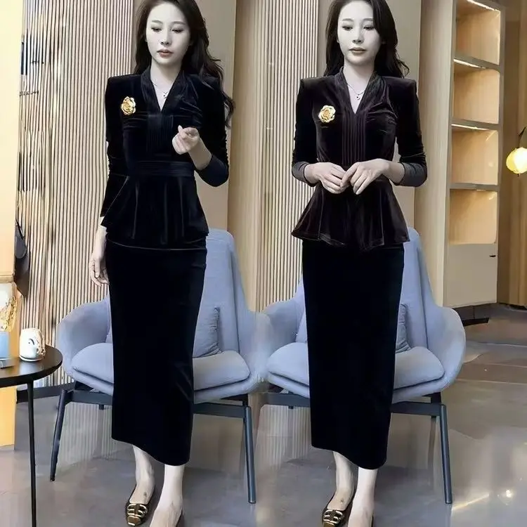 Fashionable National Style Gold Velvet Fashion Shirt Suit Dress For Women 2026 Spring Trendy V-Neck Top And Two-Piece Skirt Set