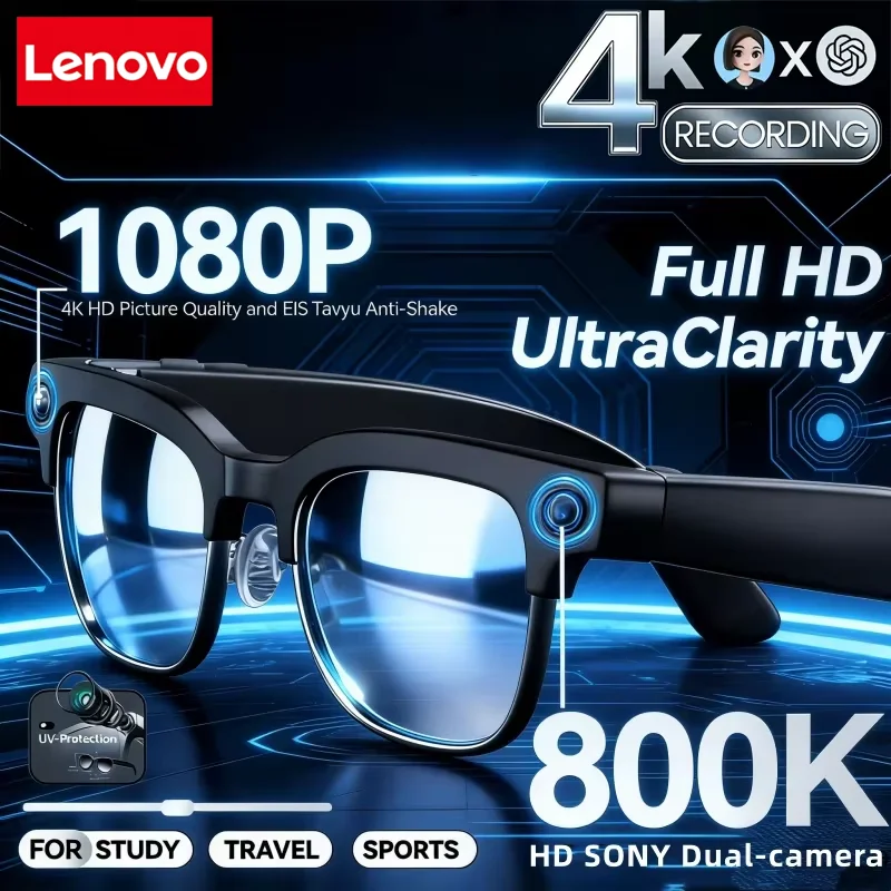 Lenovo M96 Semi-frame 800W Pixel Camera Glasses with AI Voice Translation Smart Bluetooth Features(Includes 3 Lenses)Travel Home