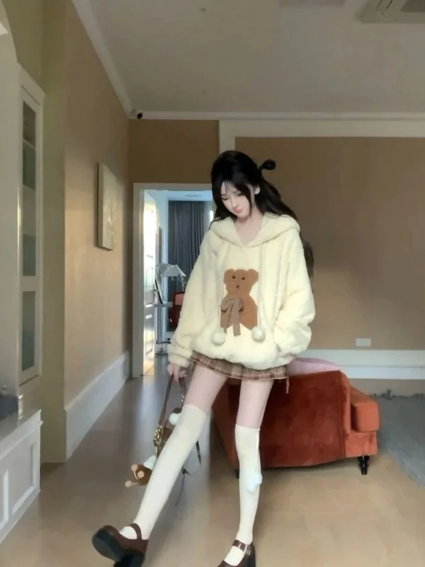 Cute Bear Print Hoodie And Plaid  Skirt Two-Piece Set for Women Autumn Winter Thiened Long Sve round Ne Casual Sle