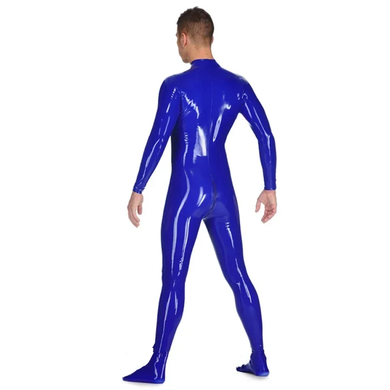 Dark Blue Sexy Men Latex Catsuit Rubber Gummi Bodysuits Socks with Front Crotch Zipper