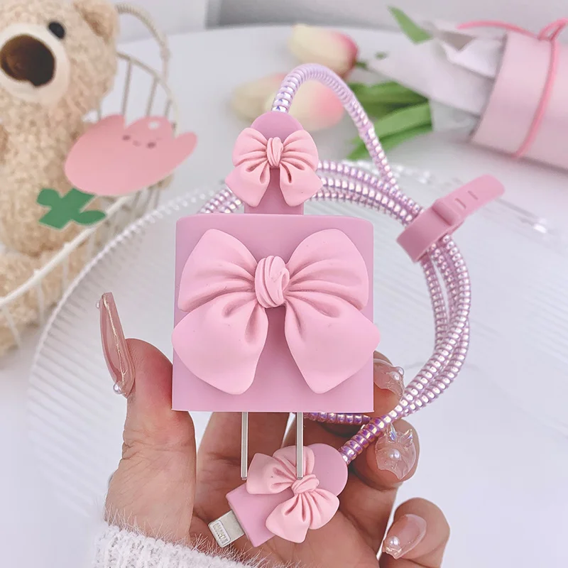 New Cute 3D Bowknot Protector For iphone 12 13 14 18 20W Original Charger Protection Cover Spira Data Line Winder Accessories