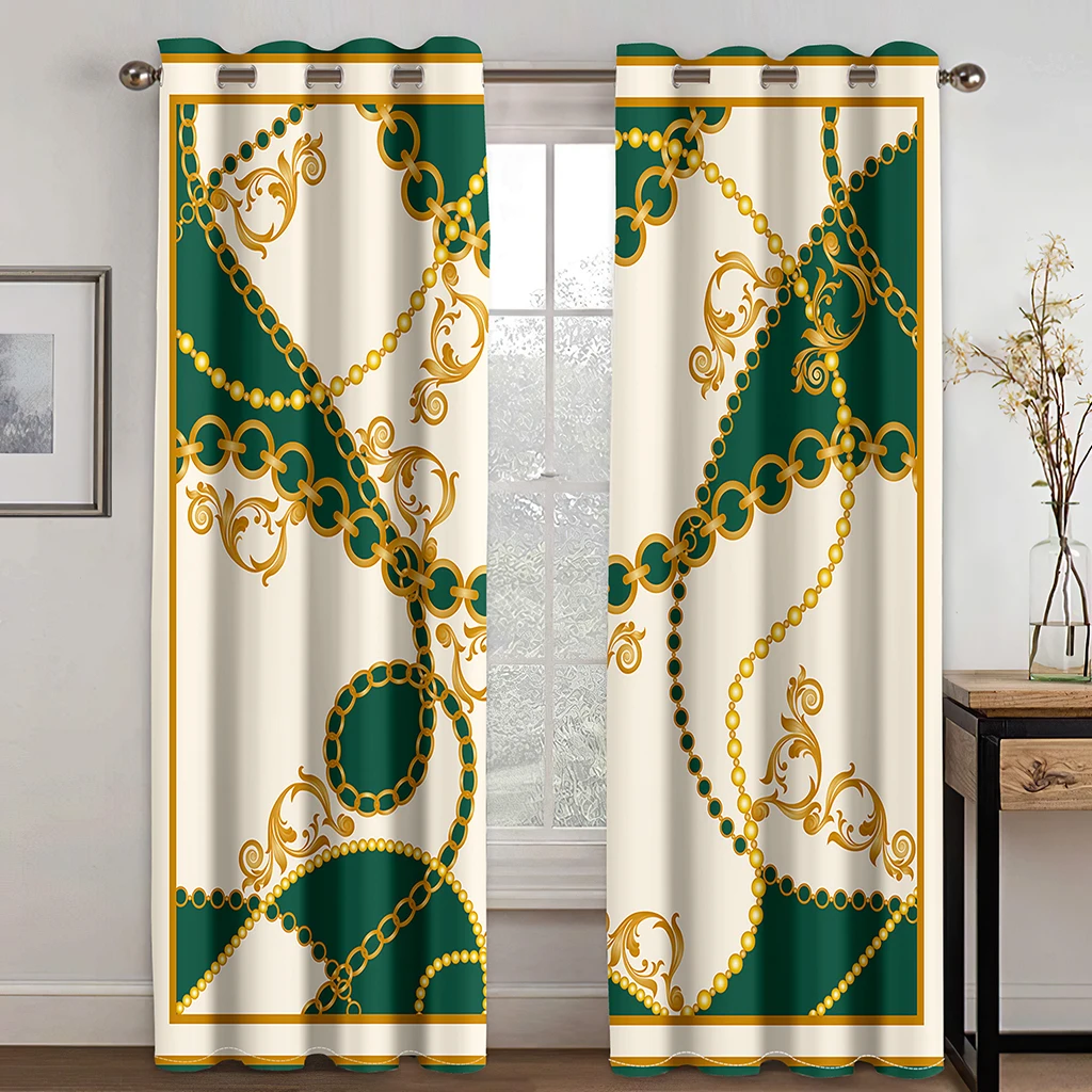 

Luxury Gold Chain Green Geometric Gothic Curtains 3D Digital Print Sunshade Curtains Living Room Bedroom Home Decor Curtains 2 P