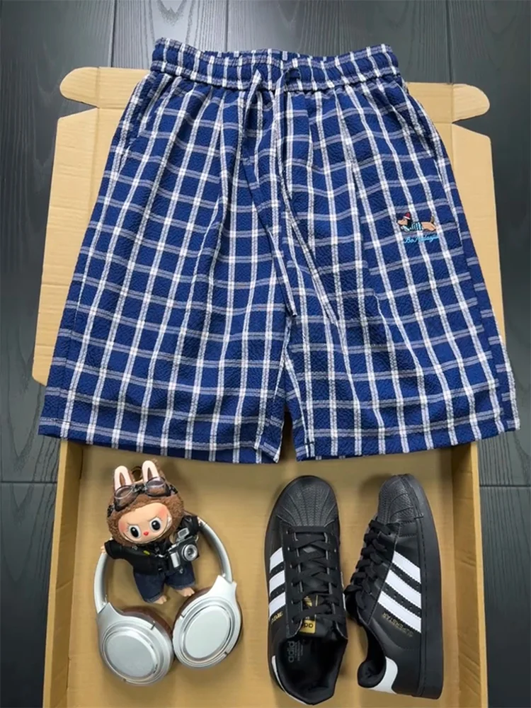 

Летние тонкие ледяные шелковые брюки Qui Dry Plaid с вышивкой, мужские повседневные прямые брюки со средней талией, дышащие легкие