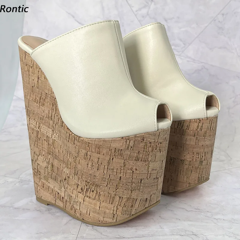 Rontic Women Summer Platform Mules Sandals Wedges High Heels Peep Toe Elegant Beige Black Casual Shoes Ladies US Plus Size 4-15