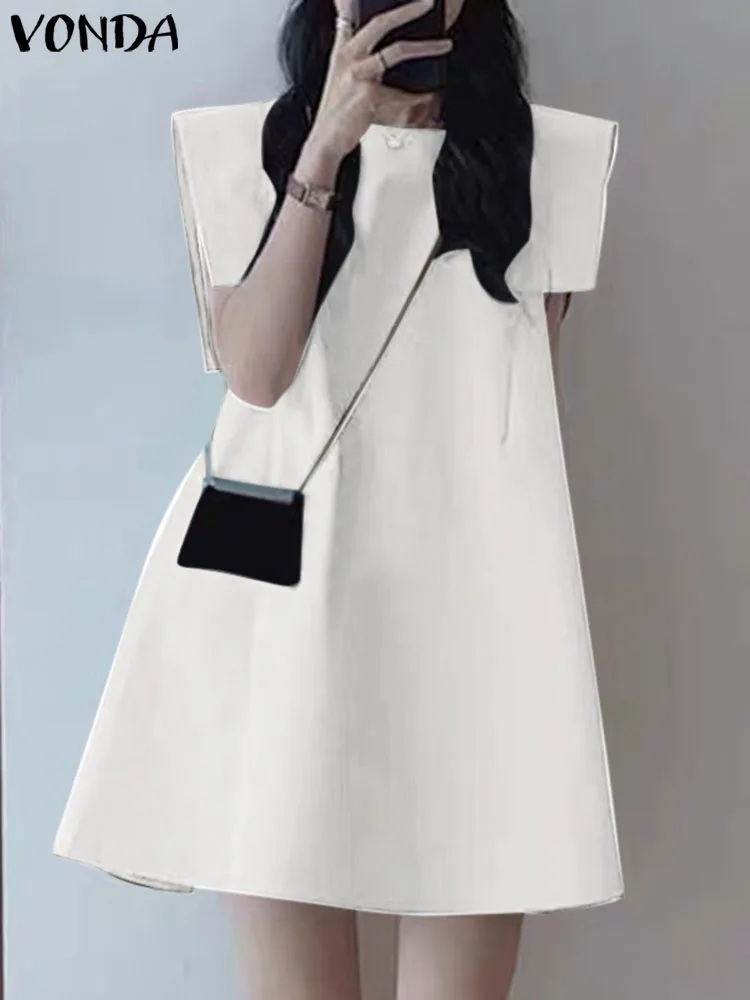 VONDA Summer Dress 2024 Women Casual Vintage Solid Color Dress Elegant Evening Party Sundress Loose Sexy Vestidos Robe Oversize