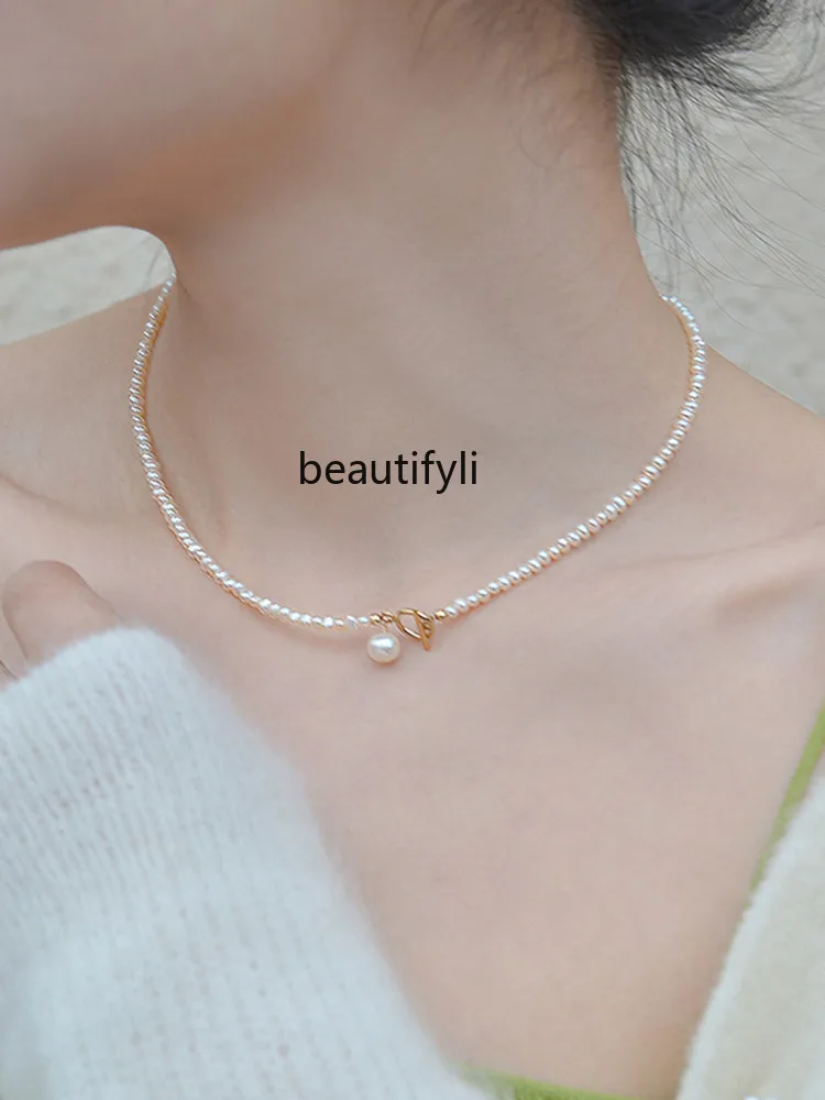 14K gold-wrapped OT buckle freshwater pearl necklace light luxury premium collarbone chain