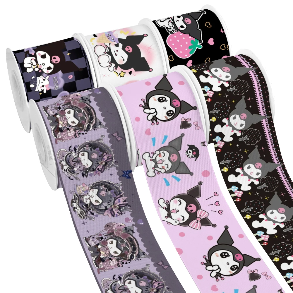 Japanese Sanrio Kuromi Character Cartoon Design Printed Grosgrain Satin Ribbon for Gift Wrapping Hair Bow 50 Yards