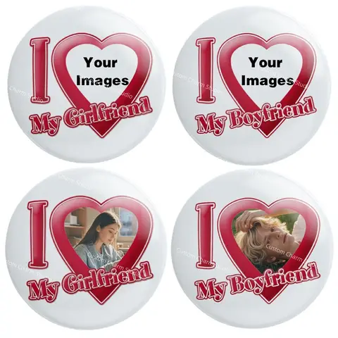 Custom Couple Pins I Love My Boyfriend Girlfriend Tinplate Brooches Personalized Photos Images Lapel Badges DIY Valentines Gifts