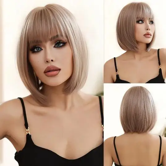 

Light Brown Ombre Wigs for Women Daily Wig with Bangs Short Bob Synthetic Hair Wigs Heat Resisatnt Fiber Fake Hair for Party Use