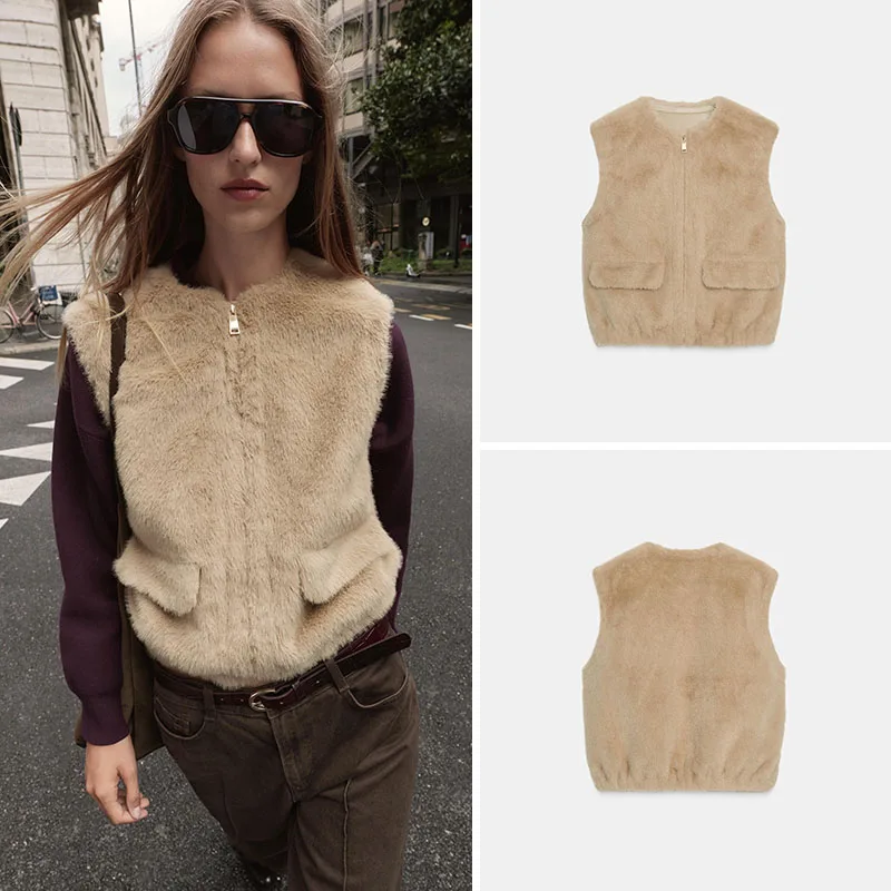 Nouveauté automne femmes gilet kets décoré effet fausse fourrure fermeture éclair ort vêtements d'extérieur trajet Sle Stand Fit dames manteau