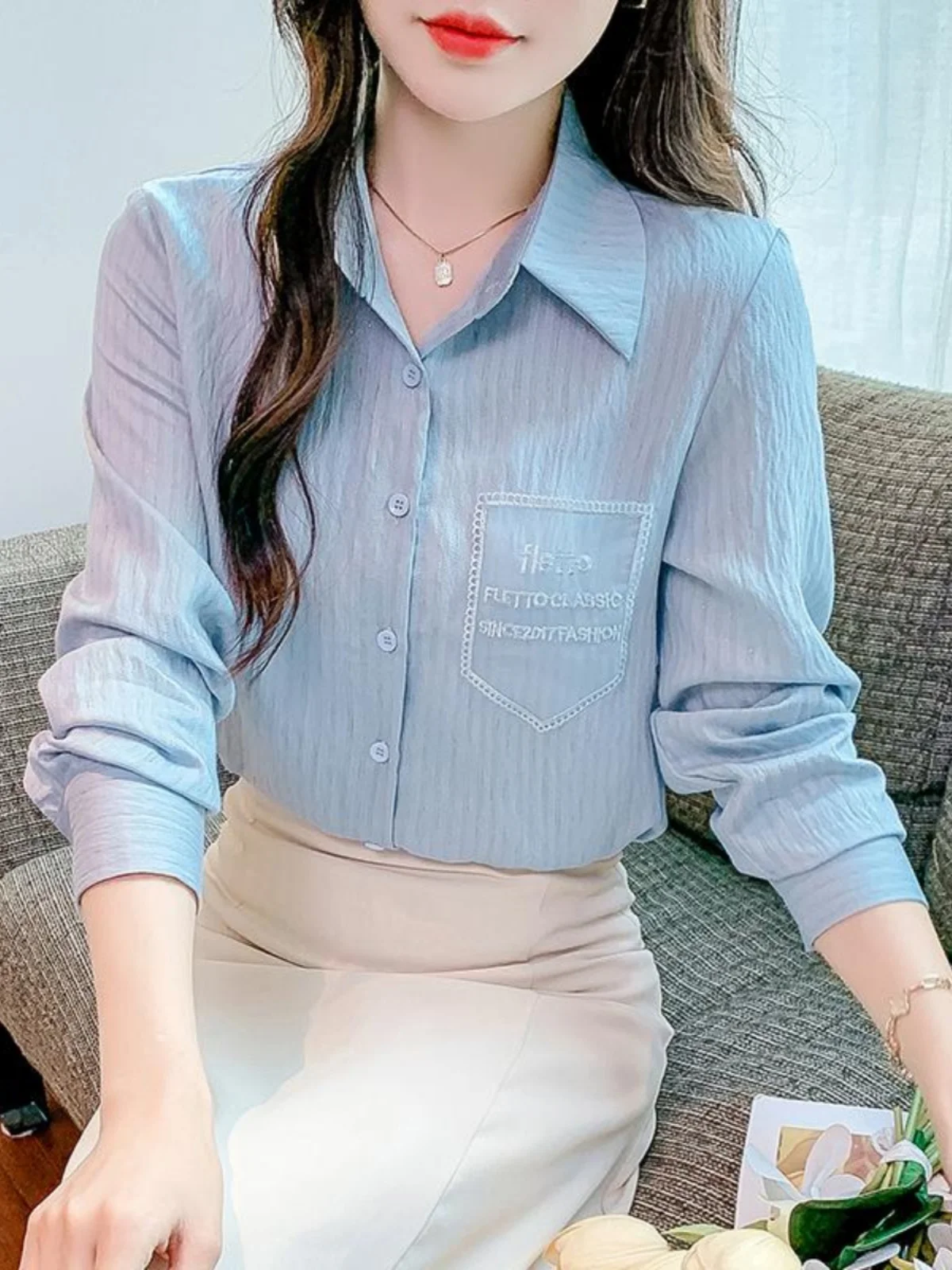 

Женская свободная блузка с длинным рукавом и вышивкой в корейском стиле, повседневная модная модель маленького размера, трендовый топ, удобный, в стиле lazy style