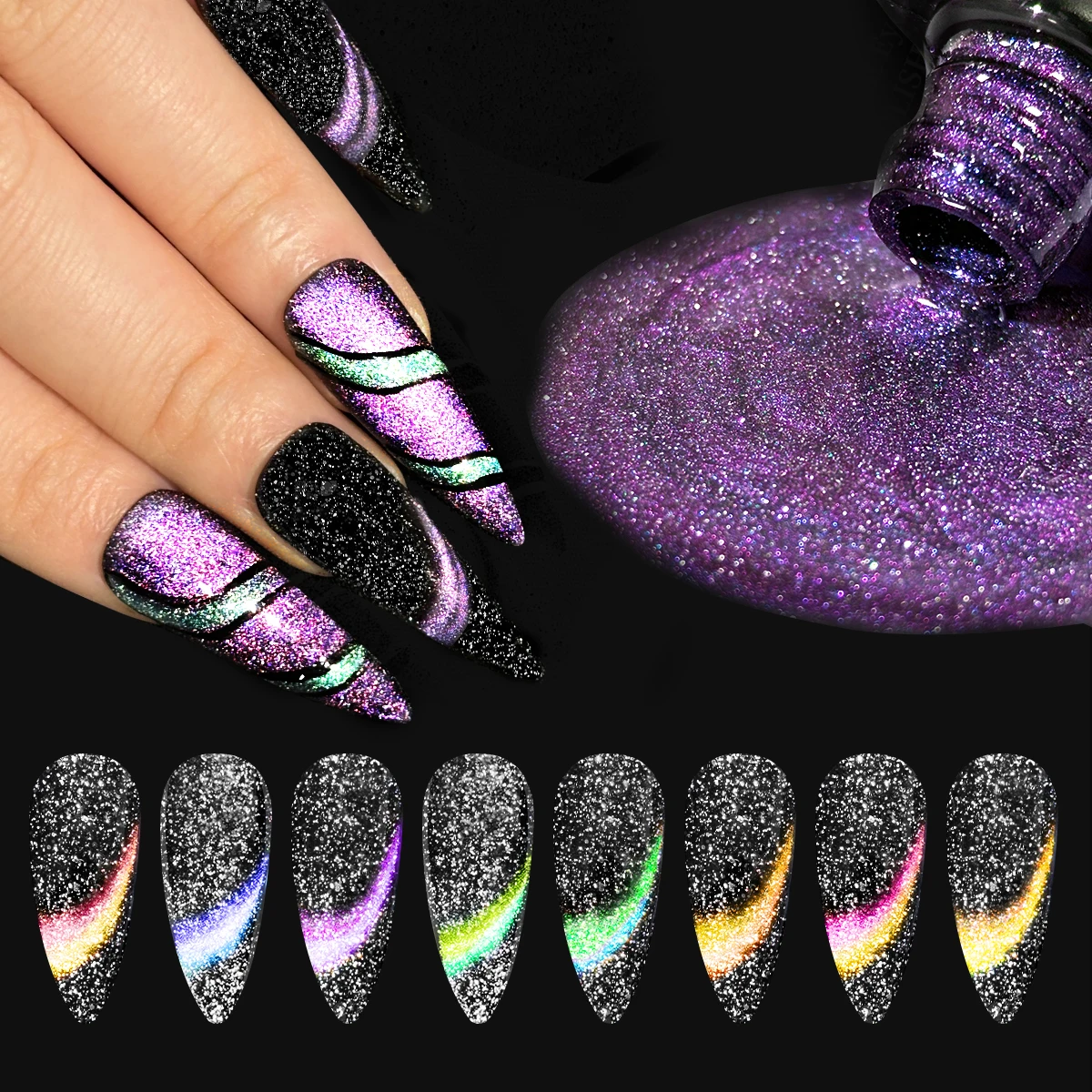 مجموعة طلاء أظافر جل عين القطة، تأثير الحرباء، أسود، أرجواني، ولمعان فضي، تصميم جالاكسي السحري، تتضمن معطفًا أساسيًا، علويًا #6