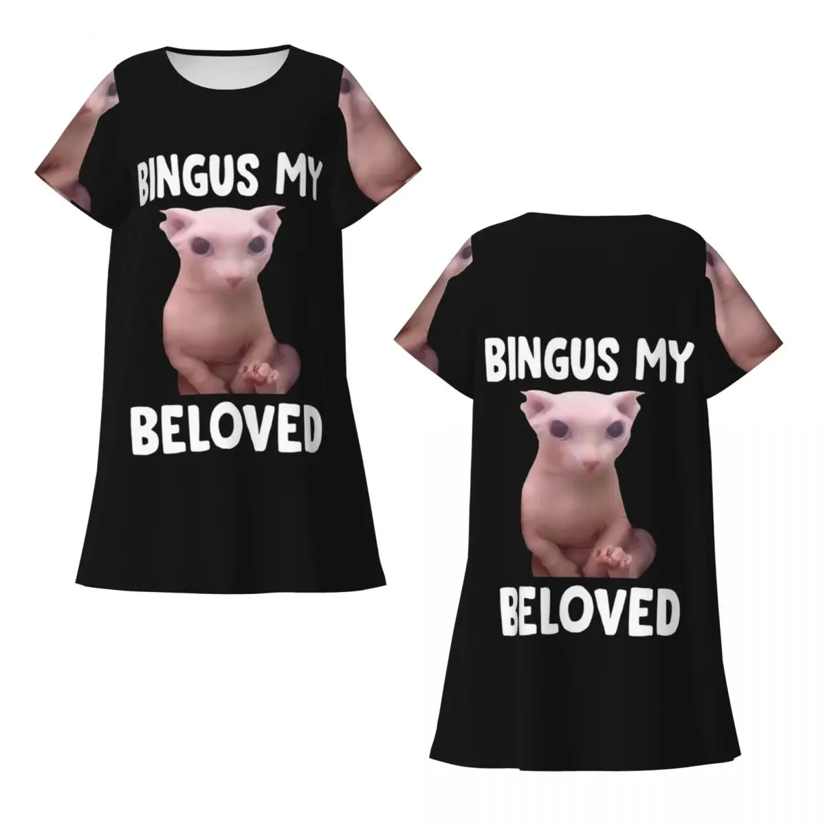Macrame Anime Sphynx Cat BINGUS Short Sleeves Nightdress For Sleeping Sleepshirts Women Short Sleeve Nightgowns Pajama Dress