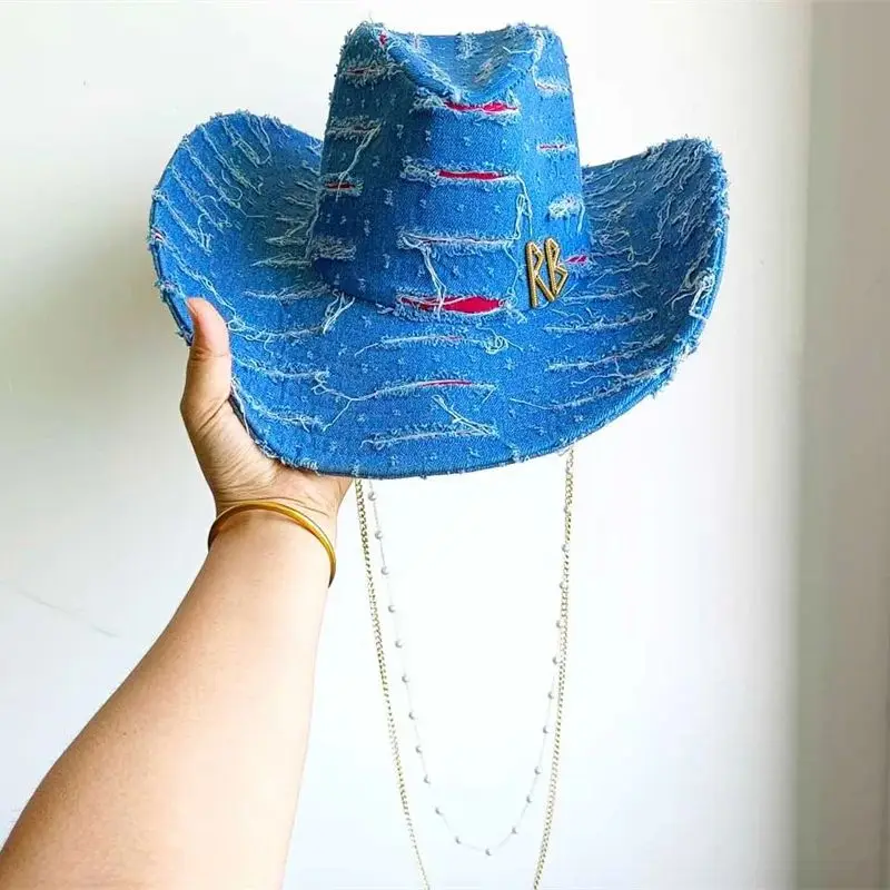 

Washed cowboy hat metal chain design western cowboy hat cowgirl jazz hat suitable for daily casual wear party