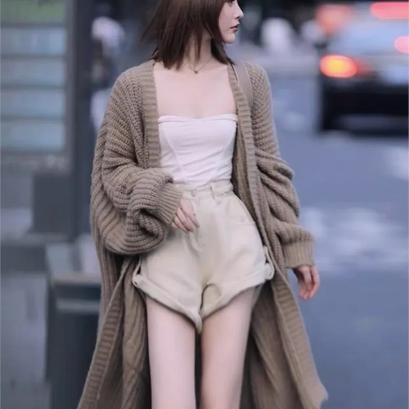 Frauen Lange Strickjacke Frühling Gestrickte Lose V-ausschnitt Herbst Winter Elegante Süße Oberbekleidung Damen Pullover Mantel Weiche Jacke Y2K Weibliche