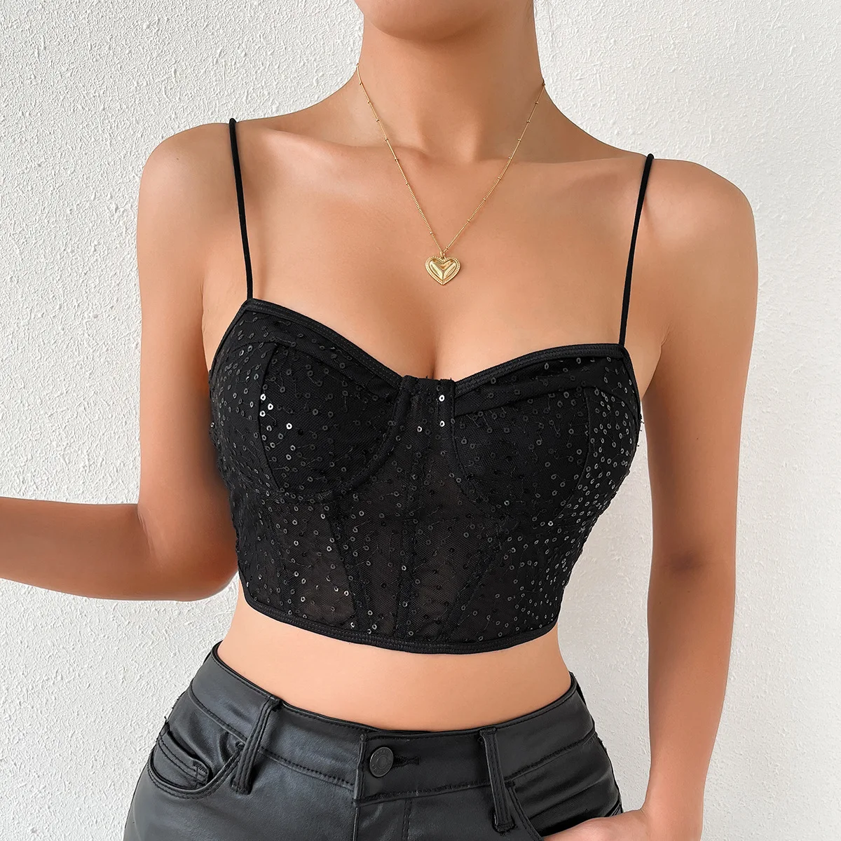 

Sequin Spaghetti Strap Corset Tops Women Sleeveless Tank Top Bustier Sexy Lingerie Short Camisole Slim Vest Open Back Streetwear