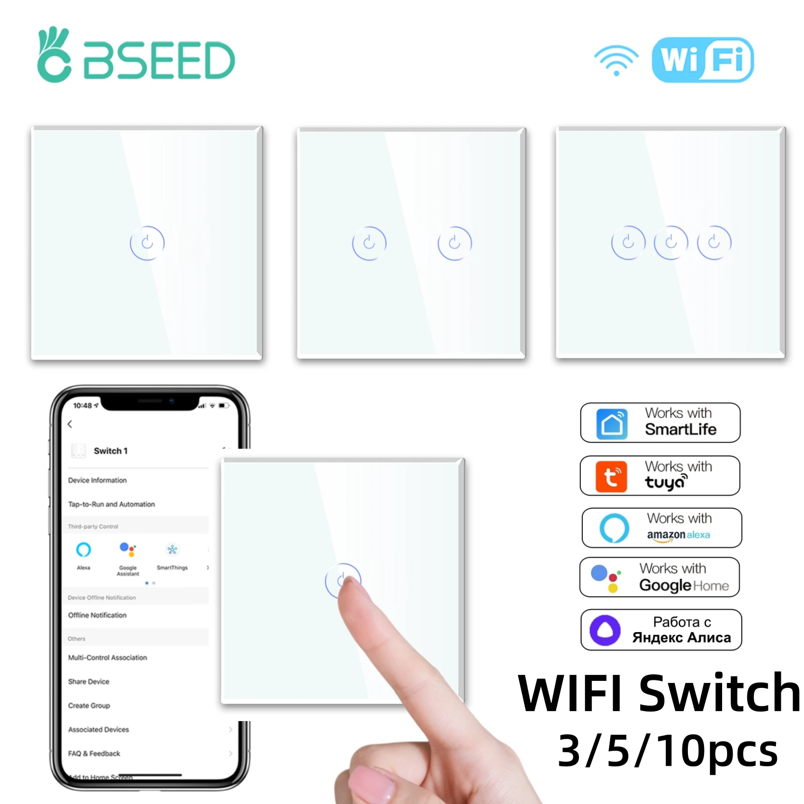 BSEED – interrupteurs d'éclairage intelligents WIFI, 1/2/3 gang, pour application Tuya Smart Life, interrupteurs d'escalier multi-contrôle avec panneau en verre neutre