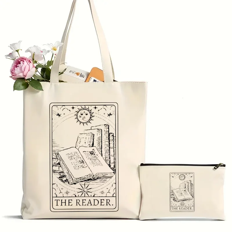 Vintage The Reader Pattern Canvas Shoulder Bag Lightweight  Sun Pattern Shopper Bag Versatile Storage Bag