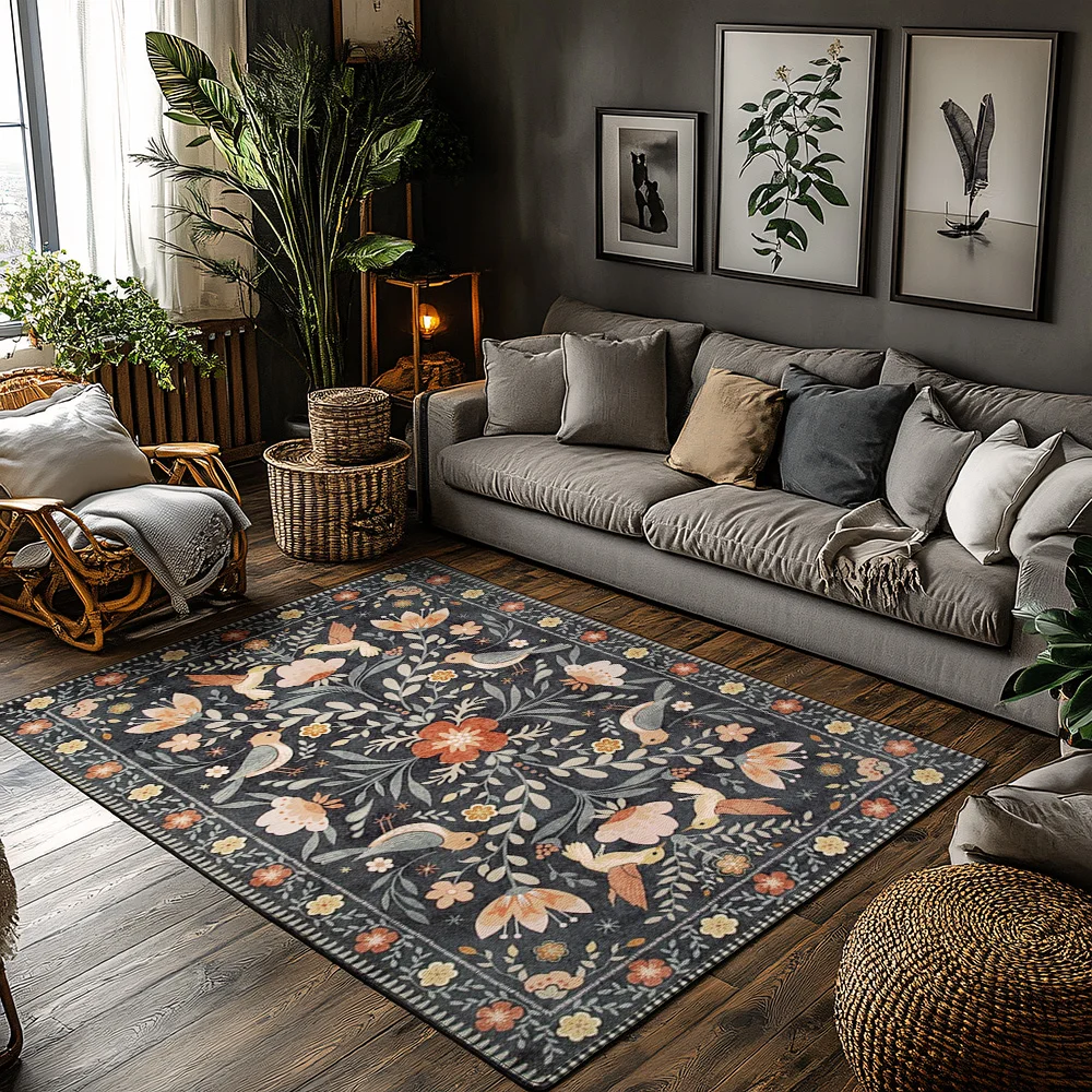 

Vintage Floral Rug: Rustic Bohemian Style for Living Room Decoration Non-Slip Area Mat in Neutral Palette with Hues of Pink & Gr