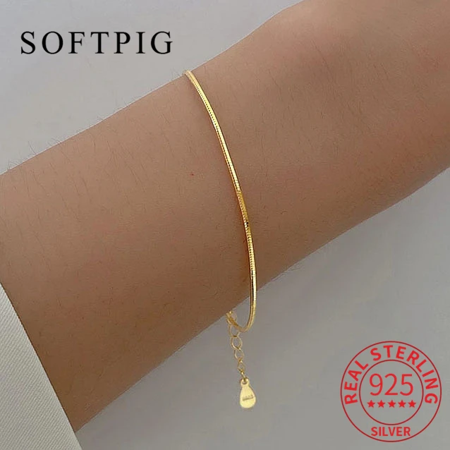 SOFTPIG Real 925 Sterling Silver Chain Minimalist Bracelet For Fashion Women Party Cute Fine Jewelry 18k gold  Accessories