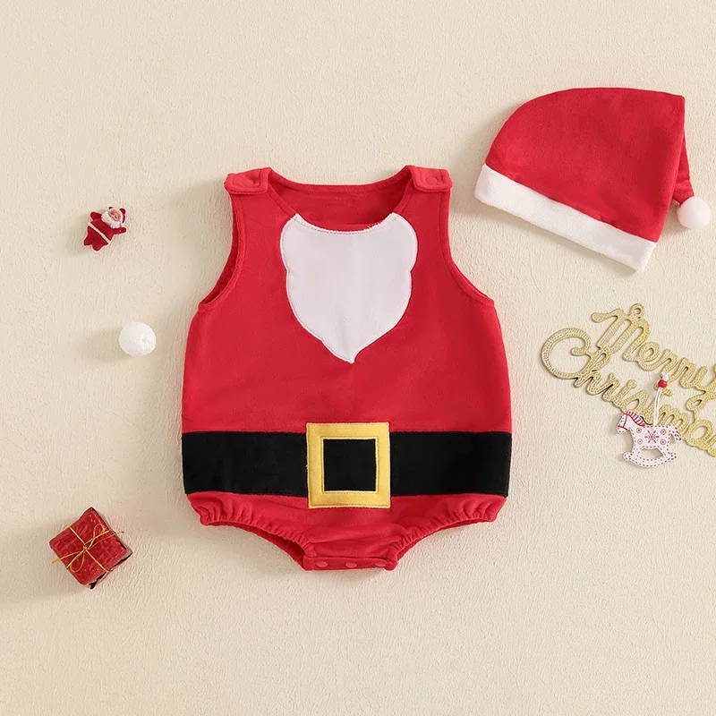 

Tregren Newborn Baby Girls Boys Rompers Christmas Clothes Santa Shaped Sleeveless Infant Playsuit Jumpsuit Overalls with Hat