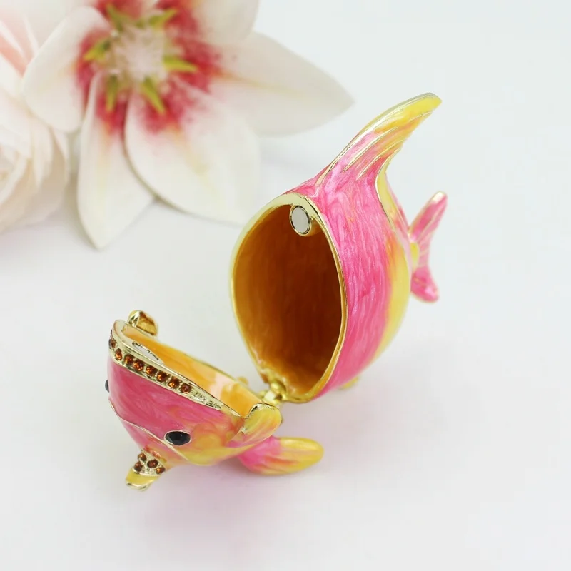 SHINNYGIFTS  Metal Crafts Pewter Enamel Colorful Fish Trinket Box Hand Painted Jewelry Gift Box