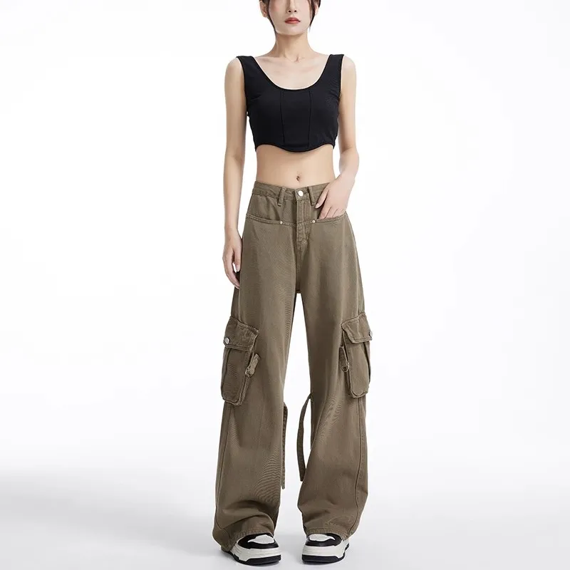 

WCFCX STUDIO American Retro Khaki Pockets Cargo Pants Women 90s Baggy Workwear Jeans Female Straight Loose Wide Leg Trousers