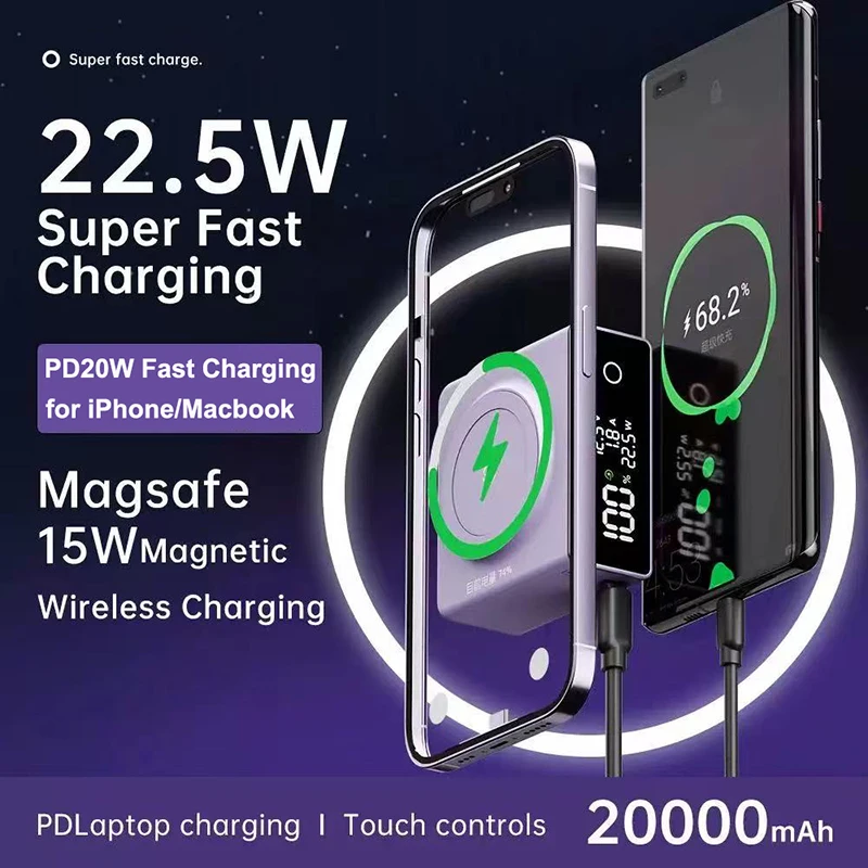 

20000mAh Magnetic Wireless Charger Power Bank 22.5W Fast Charging For iPhone 16 15 Xiaomi Samsung Macbook Powerbank Touch Screen