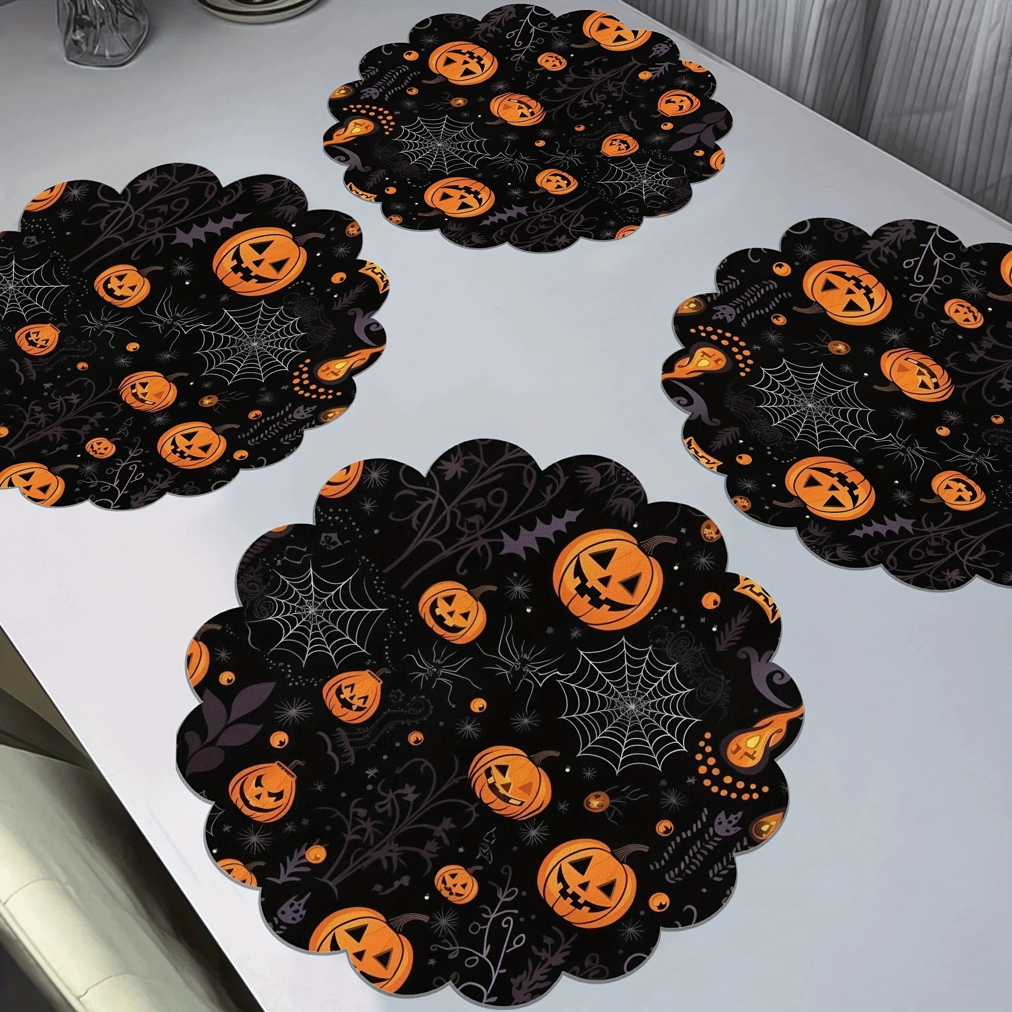 VIKAMA Pumpkin Spider Web Scalloped Round Placemat Halloween Table Mat Waterproof Heat Resistant Plate Pad Party Dining Decor