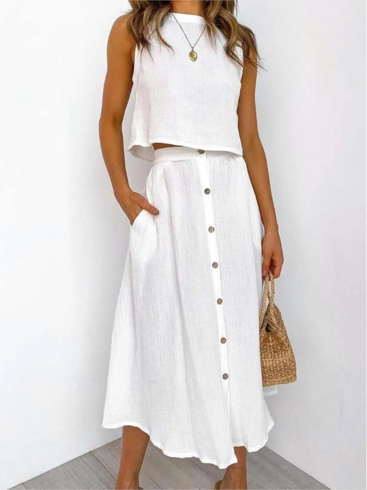 

Elegant Women Suit Cotton Solid Sleeveless O-neck Tank Tops & Button Long Skirt Two Piece Sets Female Beach Holiday Outfits 2025