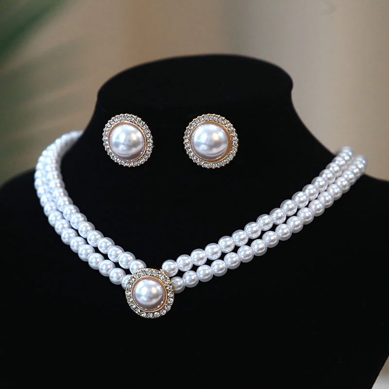 3pcs Fashion Double Layer Pearl Pendant Necklace Earrings Jewelry Set Ladies Banquet Wedding Jewelry Accessories Gift
