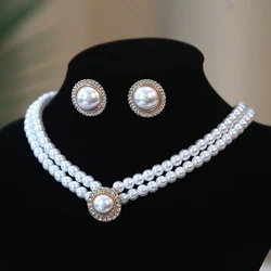 3pcs Fashion Double Layer Pearl Pendant Necklace Earrings Jewelry Set Ladies Banquet Wedding Jewelry Accessories Gift