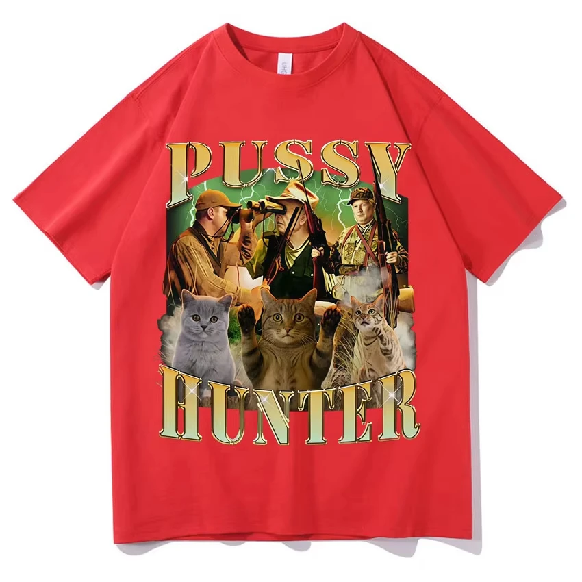 Pussy Hunter Lustige Meme-Katzen-T-Shirts für Männer und Frauen, Lässiges Baumwoll-T-Shirt, Modisches Vintage-Kurzarm-Oversize-T-Shirt, Streetwear – Detail 6