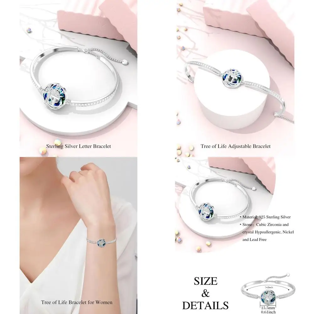 

Sterling Silver Women's Family Tree Bracelet with Blue Crystals - 925 Silver, Ideal Birthday Gift