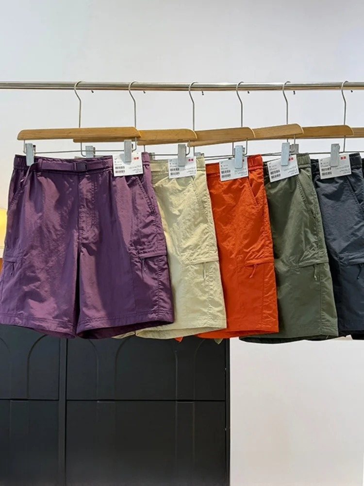 Outdoor Casual Lightweight Quick Dry Breathable Men's Work Shorts Functional Pocket Pure Color Nylon Fabric Straight Leg Summer