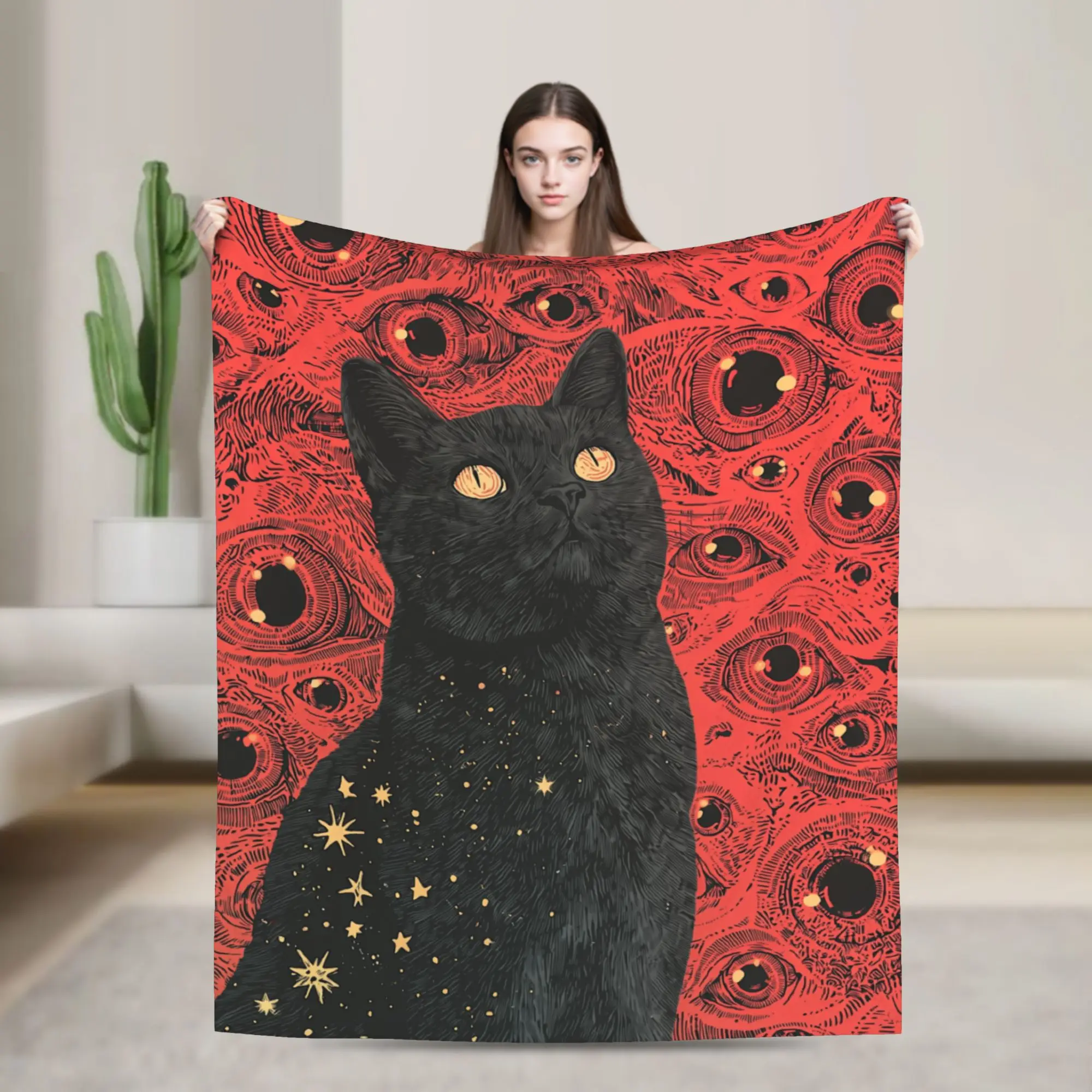 Eyes Halloween Black Cats Knitted Blanket Flannel Witchy Kitty Super Warm Throw Blankets for Home Couch Bed Rug