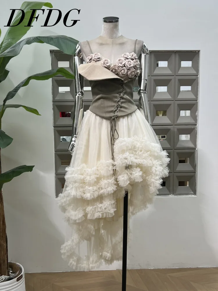 

DFDG Women’s 2025 Designer 3D Floral Peplum Sleeveless Top Asymmetrical Sheer Mesh Skirt Elegant Spring Summer Party Set